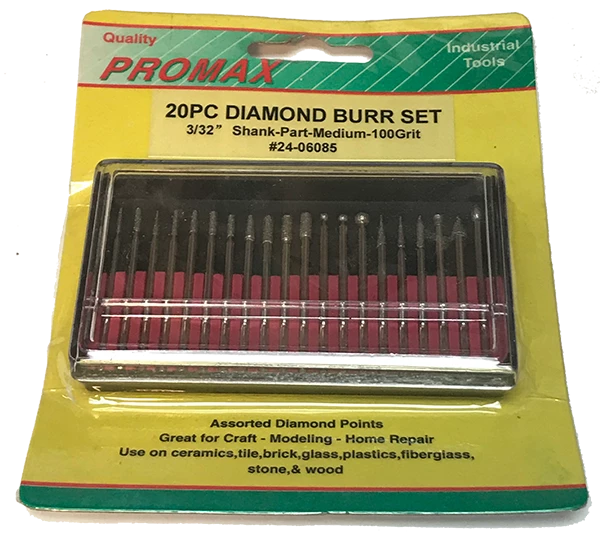 Mastercraver Diamond Burr Set - 3/32" (2.5mm) Shank - Medium 100 Grit - 20 Pc - Promax #24-06085 2 Mastercraver Diamond Burr Set - 3/32" (2.5mm) Shank - Medium 100 Grit - 20 Pc - Promax #24-06085
