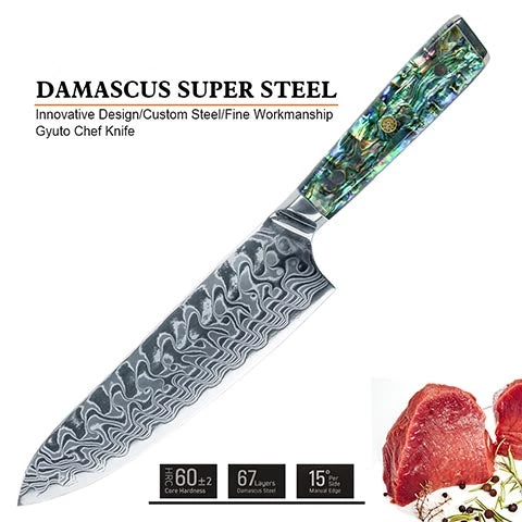 Buy Out Monthly Sales *WW Dojo Gyuto Chef Knife - Complete Knife With Abalone In Resin Handles And Mosaic Pin - AUS-10 Damascus Steel 4 Buy Out Monthly Sales *WW Dojo Gyuto Chef Knife - Complete Knife With Abalone In Resin Handles And Mosaic Pin - AUS-10 Damascus Steel
